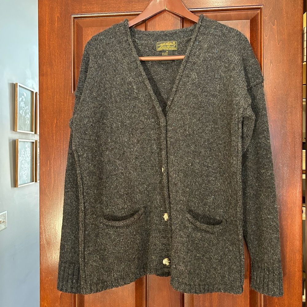 Eddie Bauer Lambswool Cardigan Sweater Charcoal Gray Size M